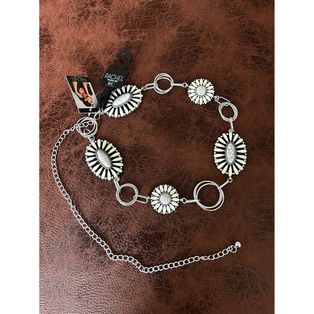 Rachel Roy Silver Tone Southwestern Floral Faux Stone Chain Belt ML NWT